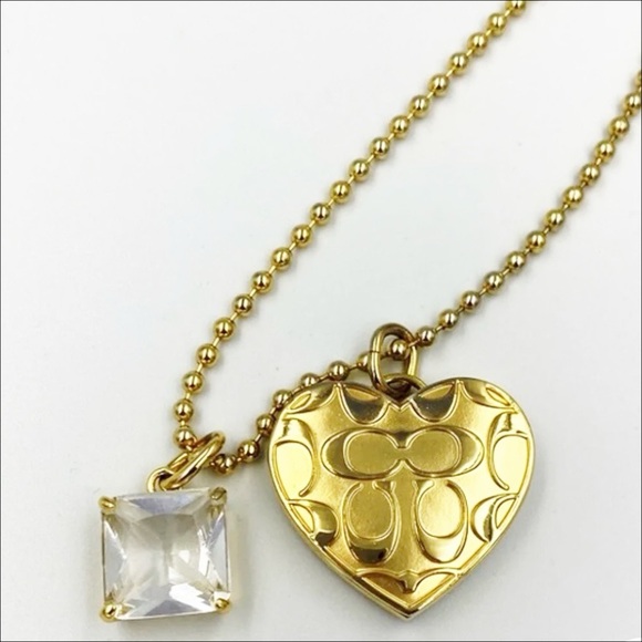 Coach Logo Gold Heart Locket Necklace with Attached Stone - Picture 3 of 8